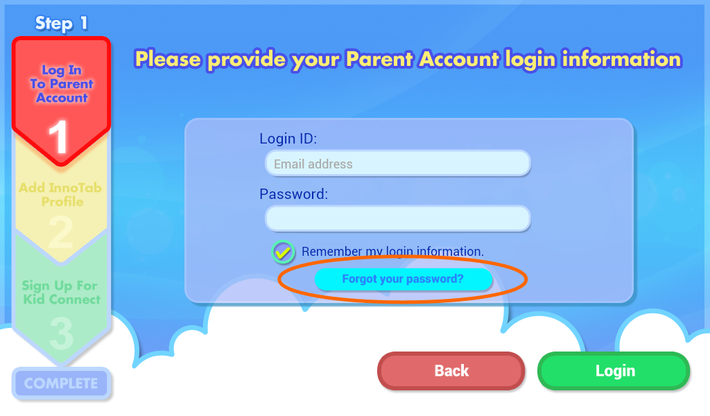 Parent Account Account login page
