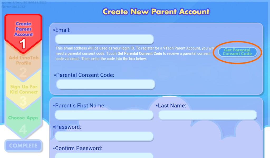Create New Parent Account Screen