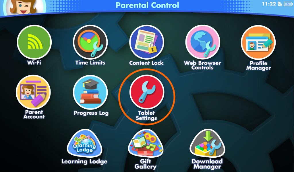 Tablet Settings from the Parental Controls desktop