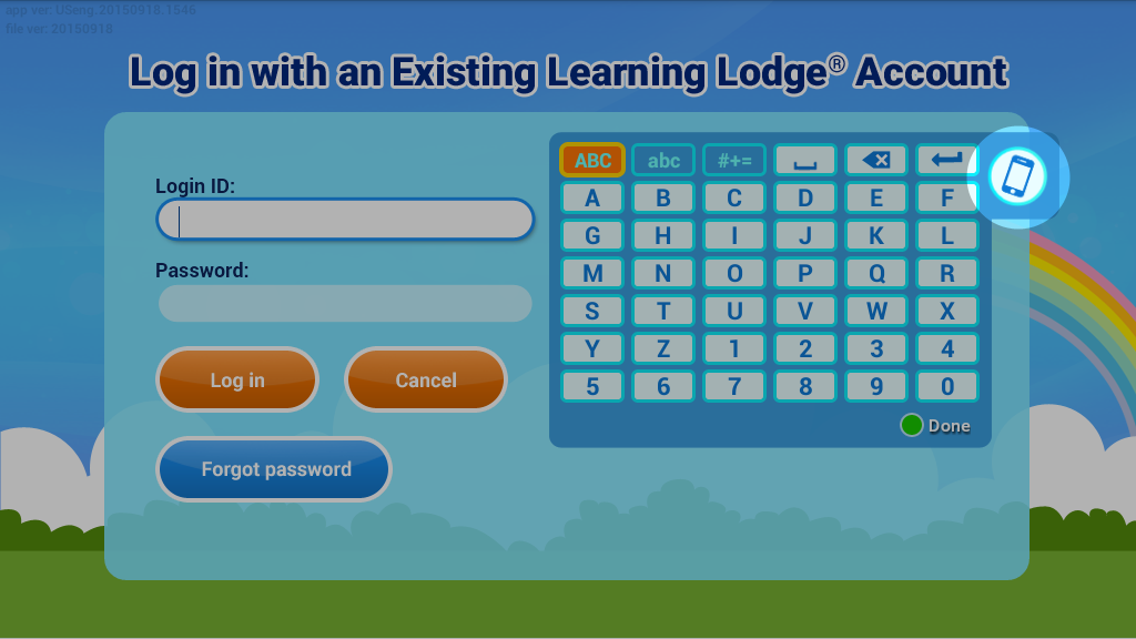 Login with an existing learning lodgeR account screen capture.
