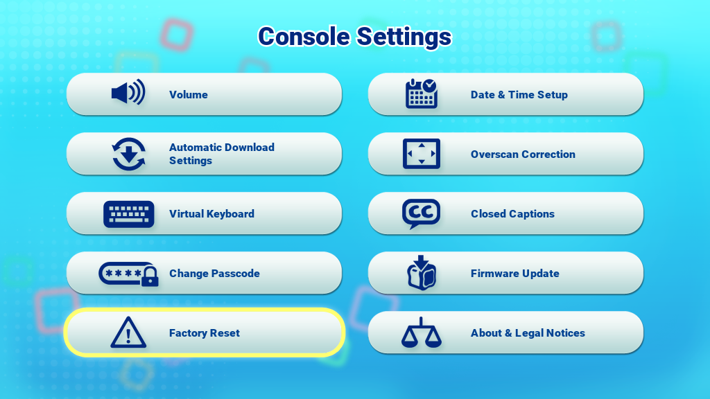 Factory Reset icon on the Console Settings menu screen capture