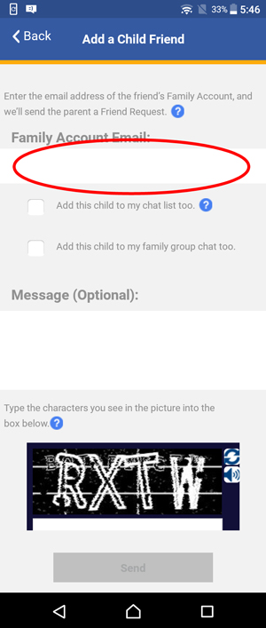 Show Add a Child Friend screen and circle Email field
