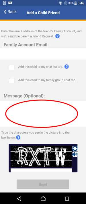 Show Add a Child Friend screen and circle Message field