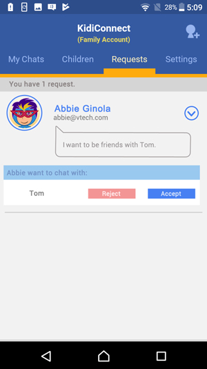 Show Friend Requests screen showing an invitation to join someone's family