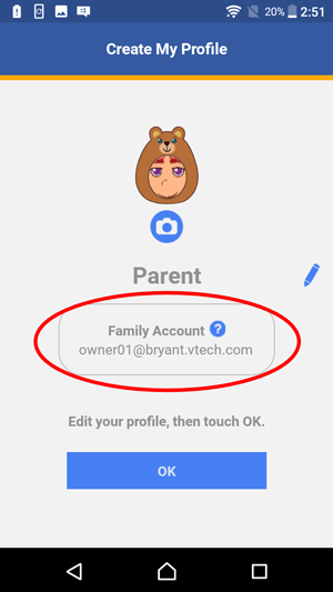Show Create My Profile page with the Family Account lable under the username