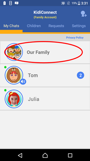 Show My Chats tab selected with a circle around the family group