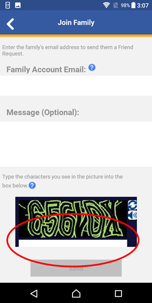 Show the Join Family page with a circle around the CAPTCHA input box.