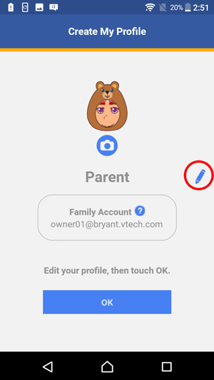 Show Create My Profile screen with a circle around the pencil icon