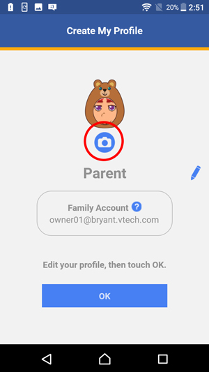 Show Create My Profile screen with a circle around the camera icon