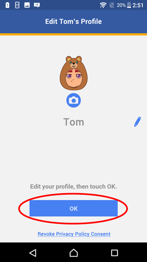 Show Create My Profile screen with a circle around the camera icon