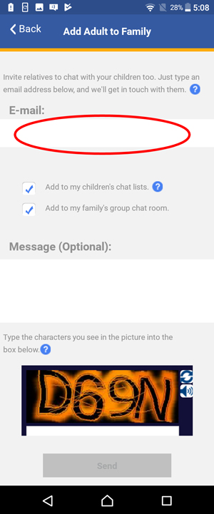 Show Add Adult to Family screen and circle Email field