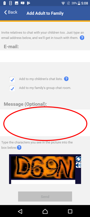 Show Add Adult to Family screen and circle Message field