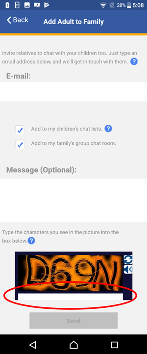 Show Add Adult to Family screen and circle Captcha field