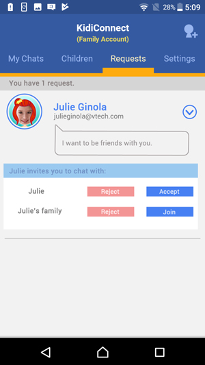 Show Friend Requests screen showing an invitation to join someone's family