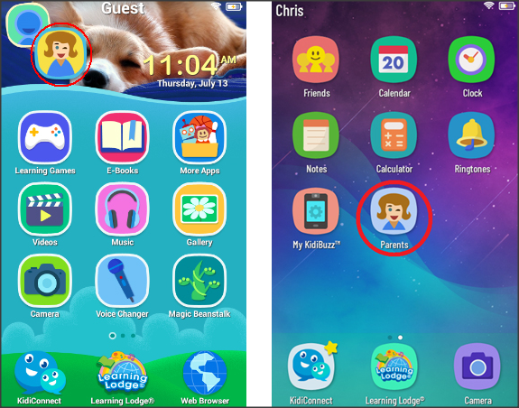 Screen: Kidibuzz home and Kidibuzz G2 home