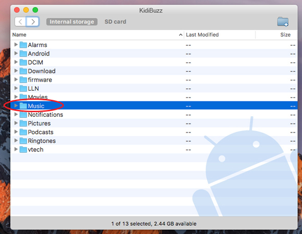 Screen: Choose Music folder of internal storage on Mac