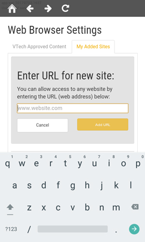 Screen: Web Browser Settings page - Add URL 
