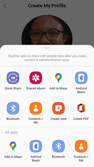 Show Create My Profile Page, with a System Share pop up message