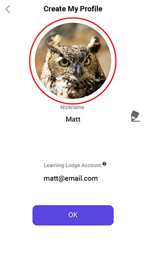 Show Create My Profile screen with a circle around Default avatar image