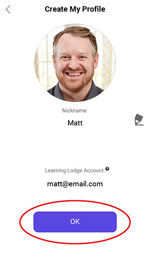Show Create My Profile Page, with a red circle around the OK button