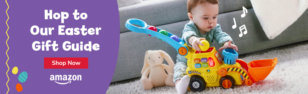 Hop to Our Easter Gift Guide; Shop Now, Amazon logo, Child playing with bulldozer toy, musical icons