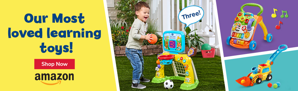 Our Most loved learning toys!; Shop Now button; Amazon logo; boy playing with basketball hoop