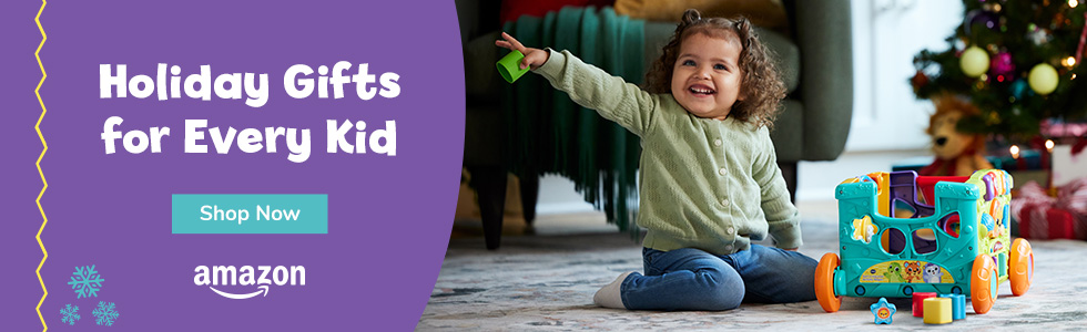 Holiday Gifts for Every Kid; Shop How, Amazon logo, little girl playing with activity wagon 