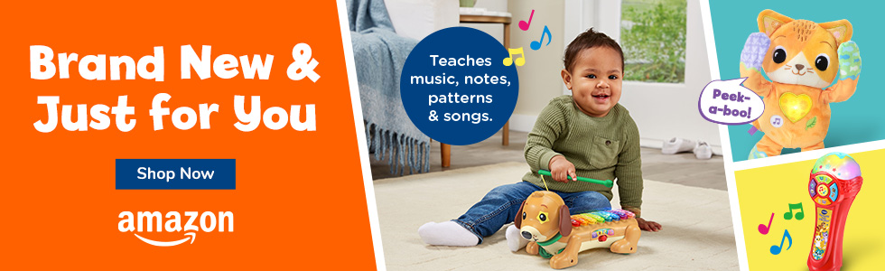 Brand New & Just For You; Shop Now button; Amazon logo; Boy playing with Marble Rush Tip & Swirl Set; Skater Cat toy, Kiddie Cat Cassette Player toy 