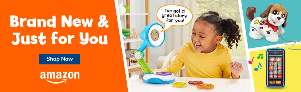 Brand New & Just For You; Shop Now button; Amazon logo; Girl playing with Story Time with Sunny; Slide & Play Piano phone, Walk & Woof Puppy toy 