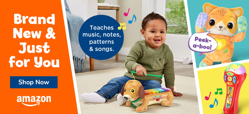 Brand New & Just For You; Shop Now button; Amazon logo; Boy playing with Marble Rush Tip & Swirl Set; Skater Cat toy, Kiddie Cat Cassette Player toy 