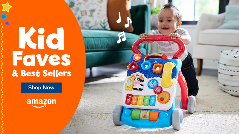 Bestsellers, Learning Favorites; Shop Now; Amazon logo; child playing with walker; musical notes