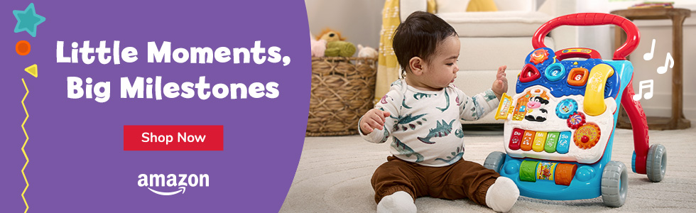 Little Moments, Big Milestones; Shop Now button; Amazon logo; Baby play with walker; musical notes graphics 