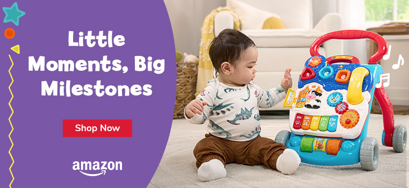 Little Moments, Big Milestones; Shop Now button; Amazon logo; Baby play with walker; musical notes graphics 