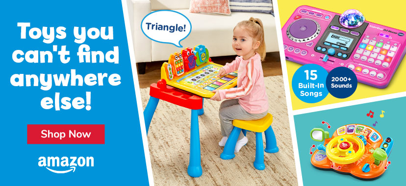 Toys you can't find anywhere else!; Shop Now button; Amazon logo; little girl sitting at Activity Desk