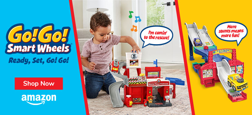 Go! Go! Smart Wheels; Shop Now button; Amazon logo; Boy playing with fire resuce playset, Zig-Zag Raceway 