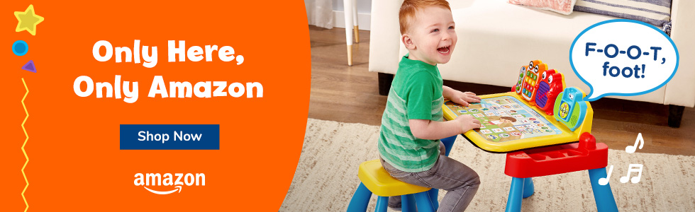 Only Here, Only Amazon; Shop Now, Amazon logo, Little boy play at play table; F-O-O-T, foot! talk bubble