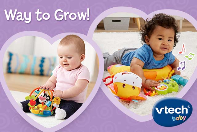 VTech Baby, Way to Grow! Lif Critters Shake & Wobble Busy Ball said Two happy cows!. Tummy Time Discovery Pillow. Peek & Play Baby Book™ said It's fun to read a book.