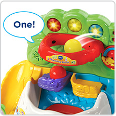 Hoop counts the balls up to ten and colorful buttons play phrases, sounds and music. Hoop counts the balls up to ten and colorful buttons play phrases, sounds and music.
