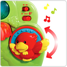 Twist the adorable red bird to hear fun sounds and music. Twist the adorable red bird to hear fun sounds and music.