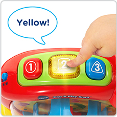 Three light-up buttons introduce colors, numbers, and shapes. Three light-up buttons introduce colors, numbers, and shapes.