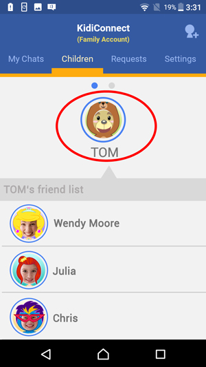 'Children' from the top menu bar of the KidiConnect™ smartphone app