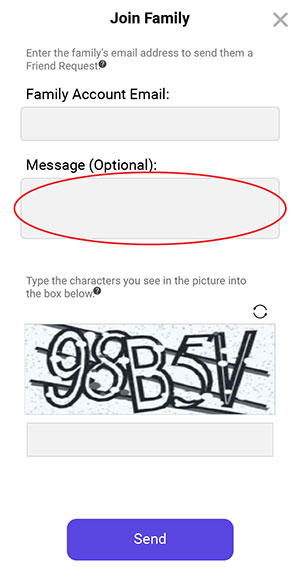 Show Join a Family Page, with a red circle around the Message (Optional) Field
