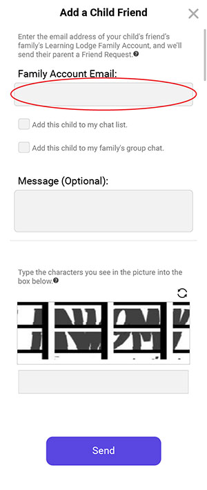 Show Add a Child Friend screen and circle Email field