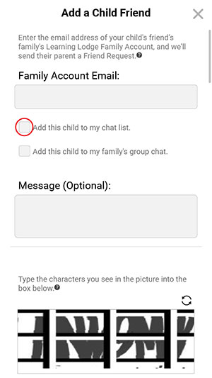 Show Add a Child Friend screen and circle the Add this child checkbox